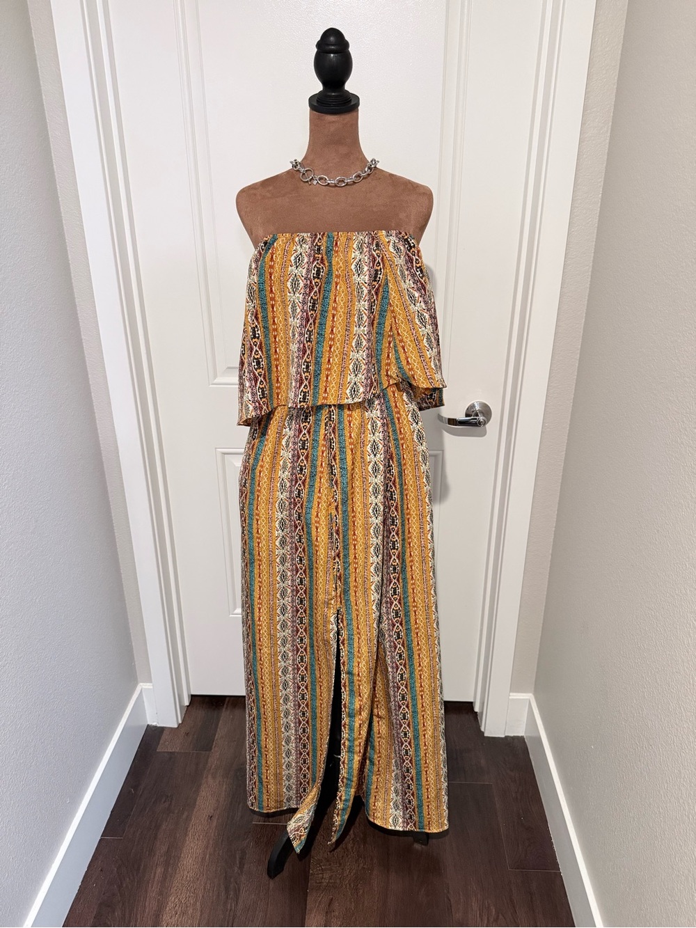 Daytrip Boho Strapless Wide Leg Jumpsuit Aztec Print Mustard Multicolor M